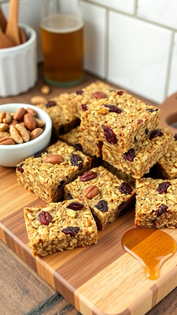 Nutty oat and quinoa bars with nuts and dried fruits on a wooden cutting board.